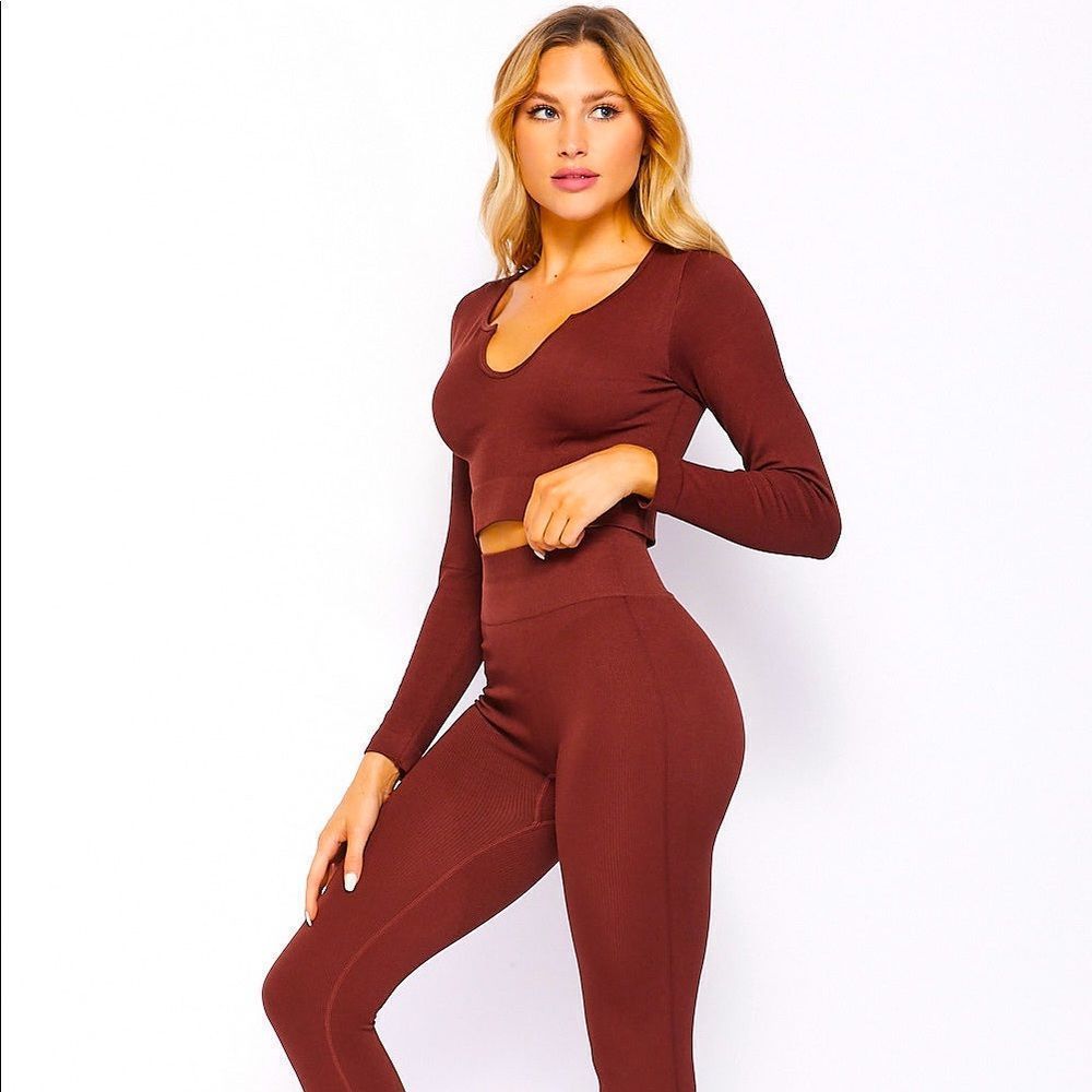 Seamless Rib-Knit Longsleeve Crop Top 2 Piece Set